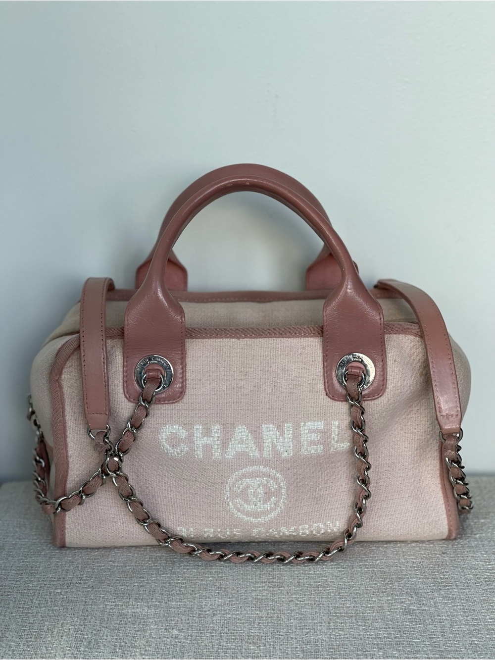 CHANEL Small Deauville Pink Canvas and Leather Top-Handle Bowling Shoulder Bag